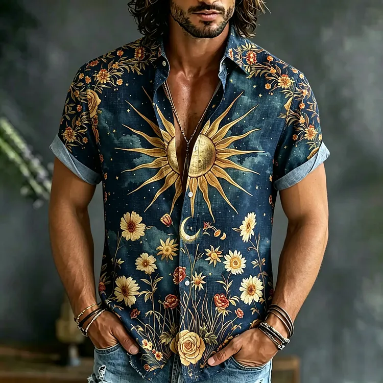 Men's Retro Hippie Style Sun And Floral Print Casual Linen Short-sleeve Shirt
