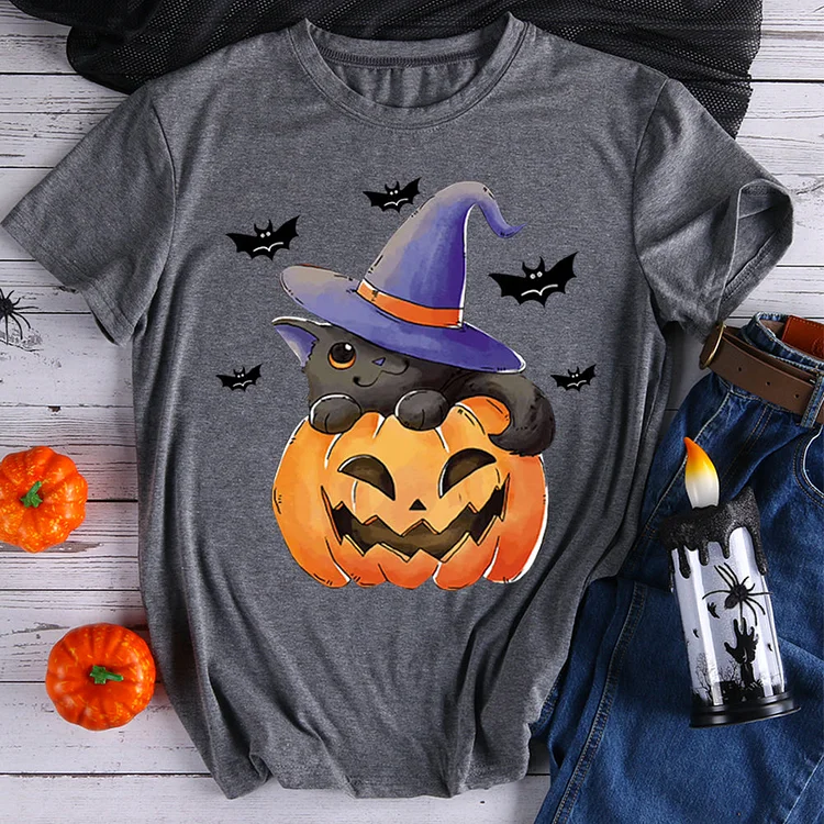Pumpkin and Black Cat Halloween T-Shirt Tee -596575