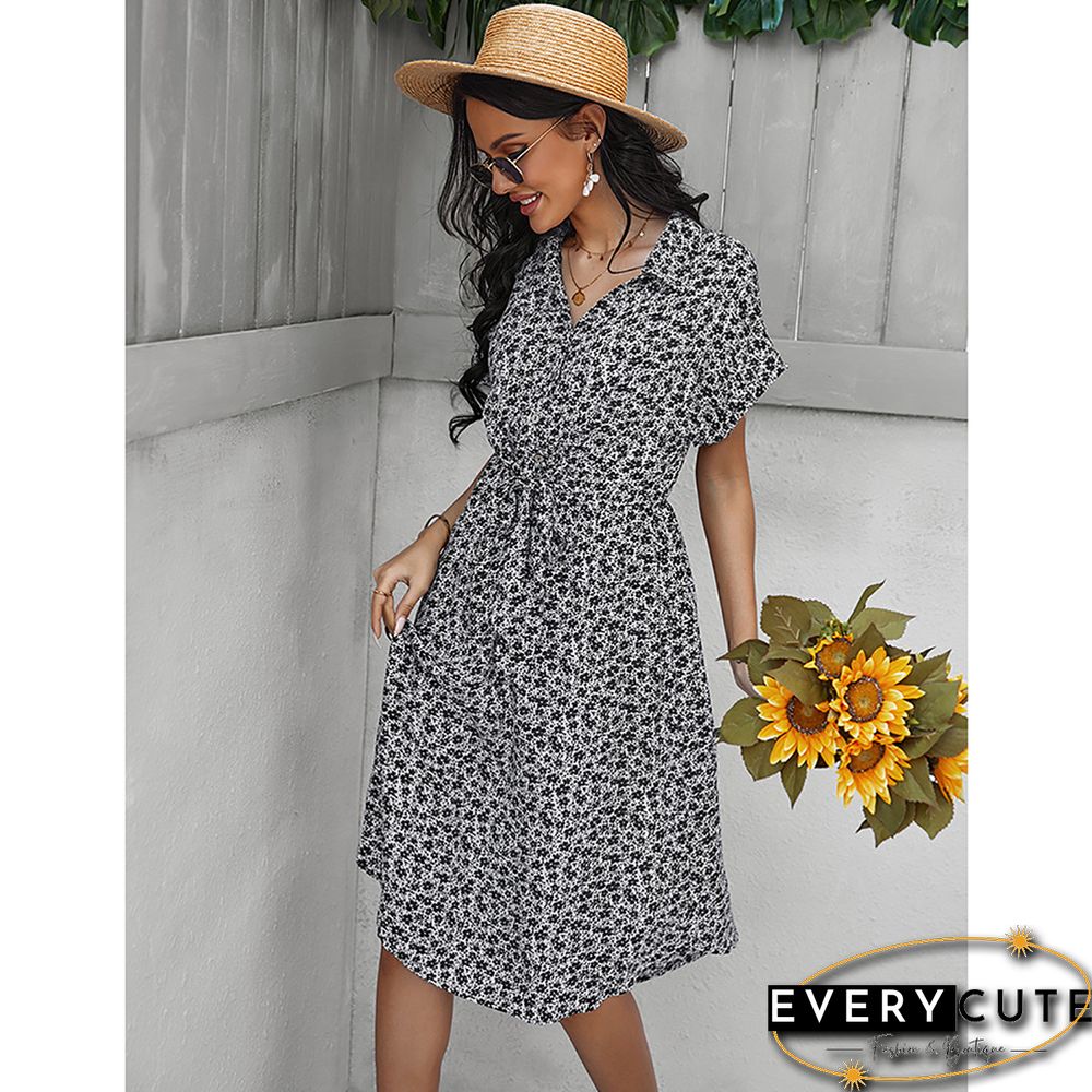 White Floral Print Button Shirt Dress with Belt