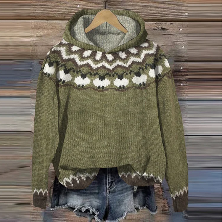 🔥kukelife🔥Vintage Hooded Lambs Jacquard Sweater