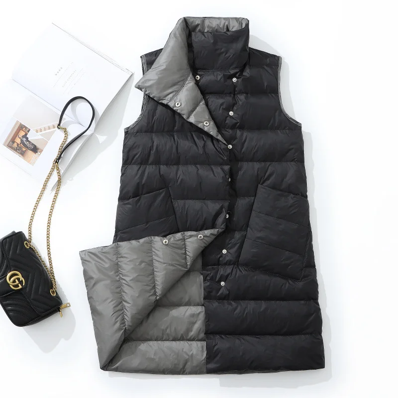 Woherb Autumn And Winter New Korean Version Loose Inclined Pocket Stand Collar In The Long Down Jacket Vest Winter Horse Clip Vest Tide-Outfit Ideas