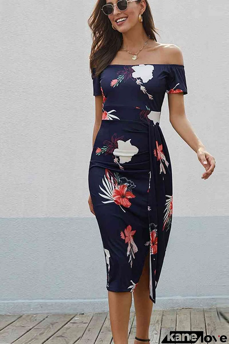 Navy Red Floral Print Short Sleeve Off Shoulder Midi Dress