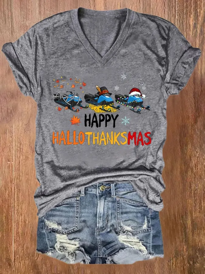 Women's Casual Happy Hallothankmas Print Short Sleeve T-Shirt