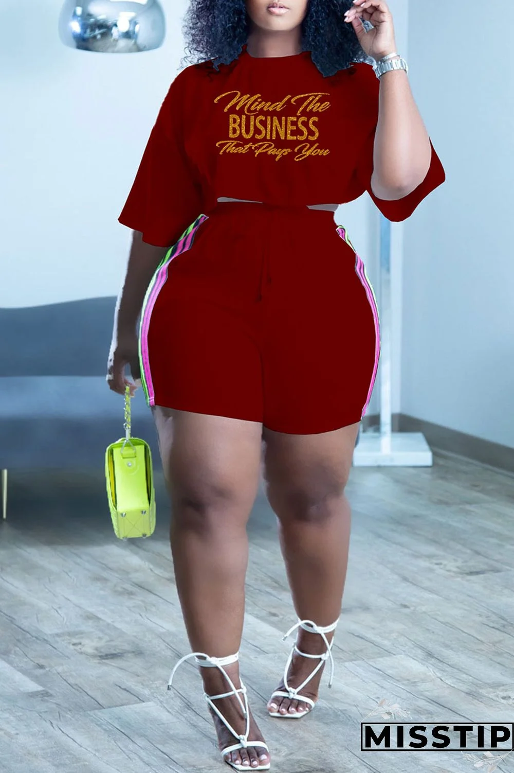 Burgundy Casual Letter Print Patchwork O Neck Short Sleeve Two Pieces