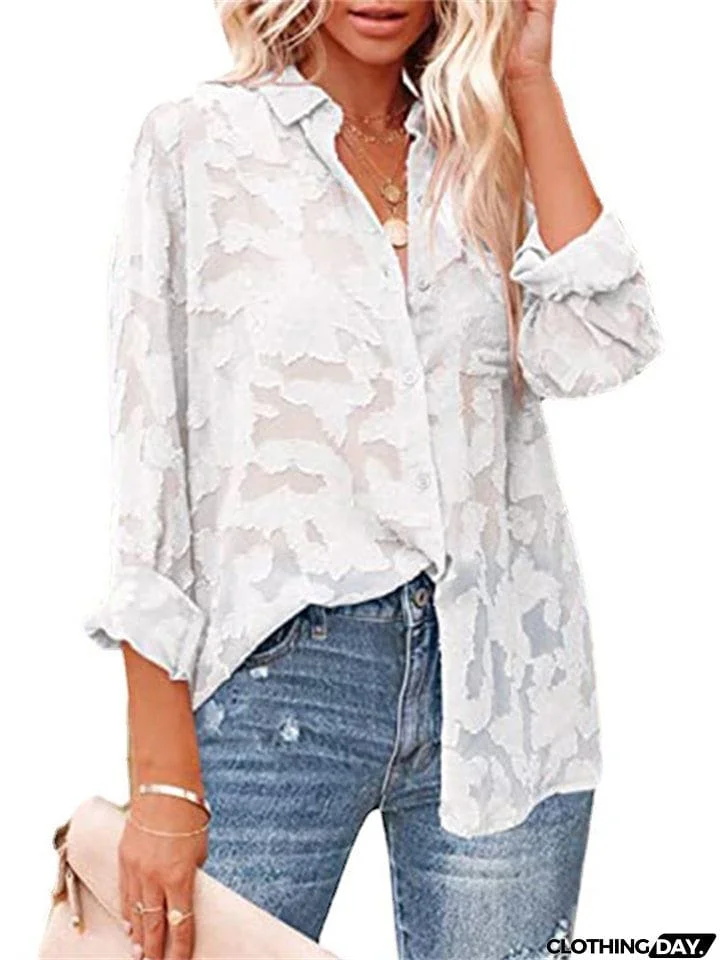 Hollowed-Out Buttons-Up Long Sleeve Chiffon Blouses