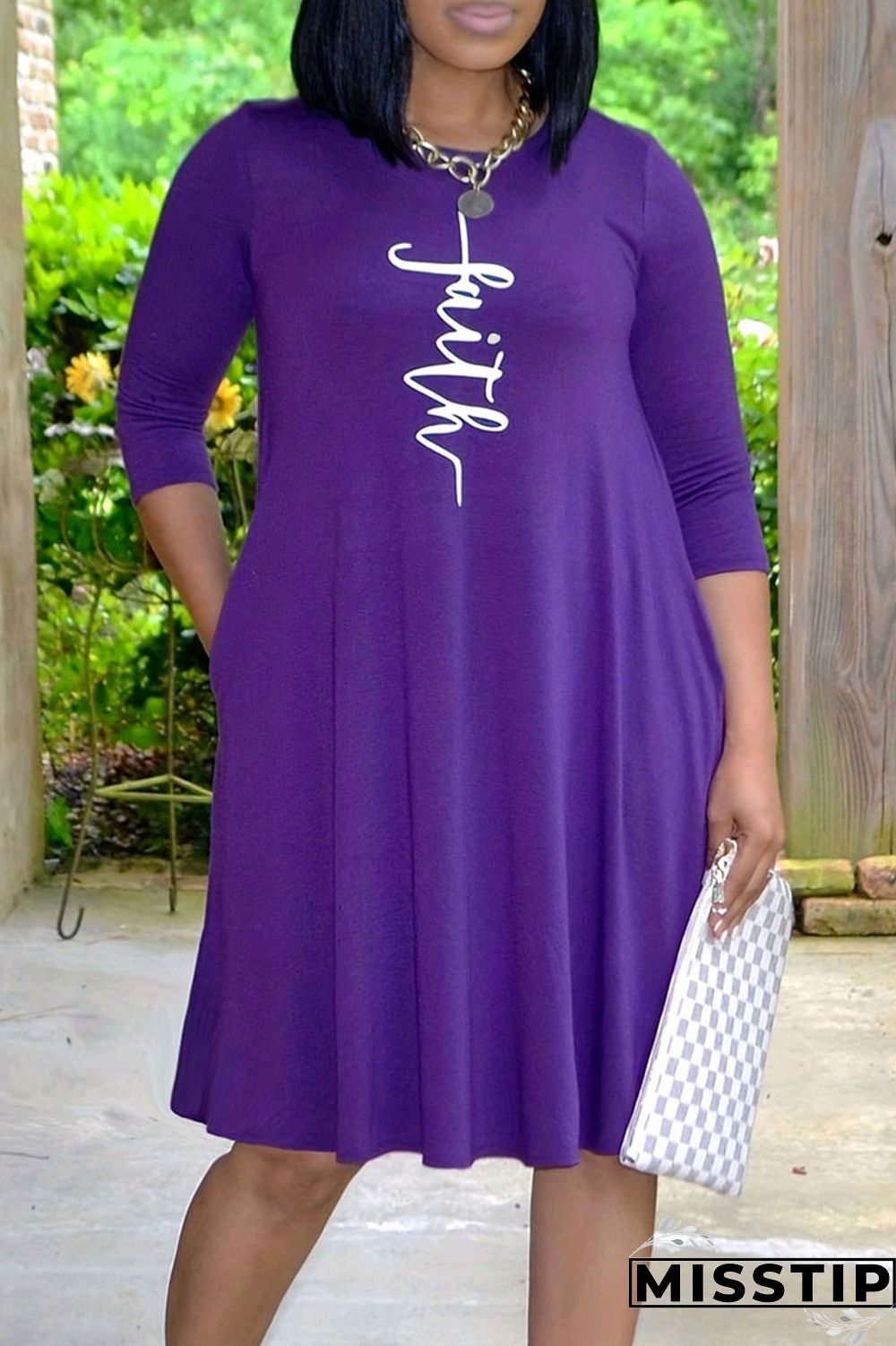 Purple Casual Print Patchwork Pocket O Neck Straight Plus Size Dresses