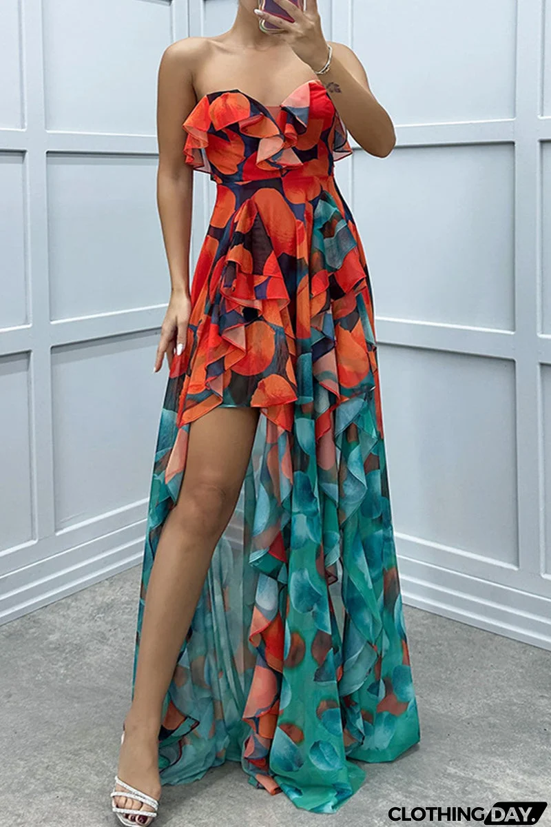 Sexy Gradient Print Ruffle Slit Strapless Irregular Dresses(3 Colors)