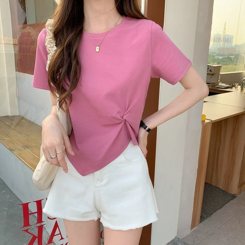 Uveng Uveng Short-Sleeved T-Shirt Women 2024 New Summer Design Design Sense Niche Half Sleeve High Waist Short Top