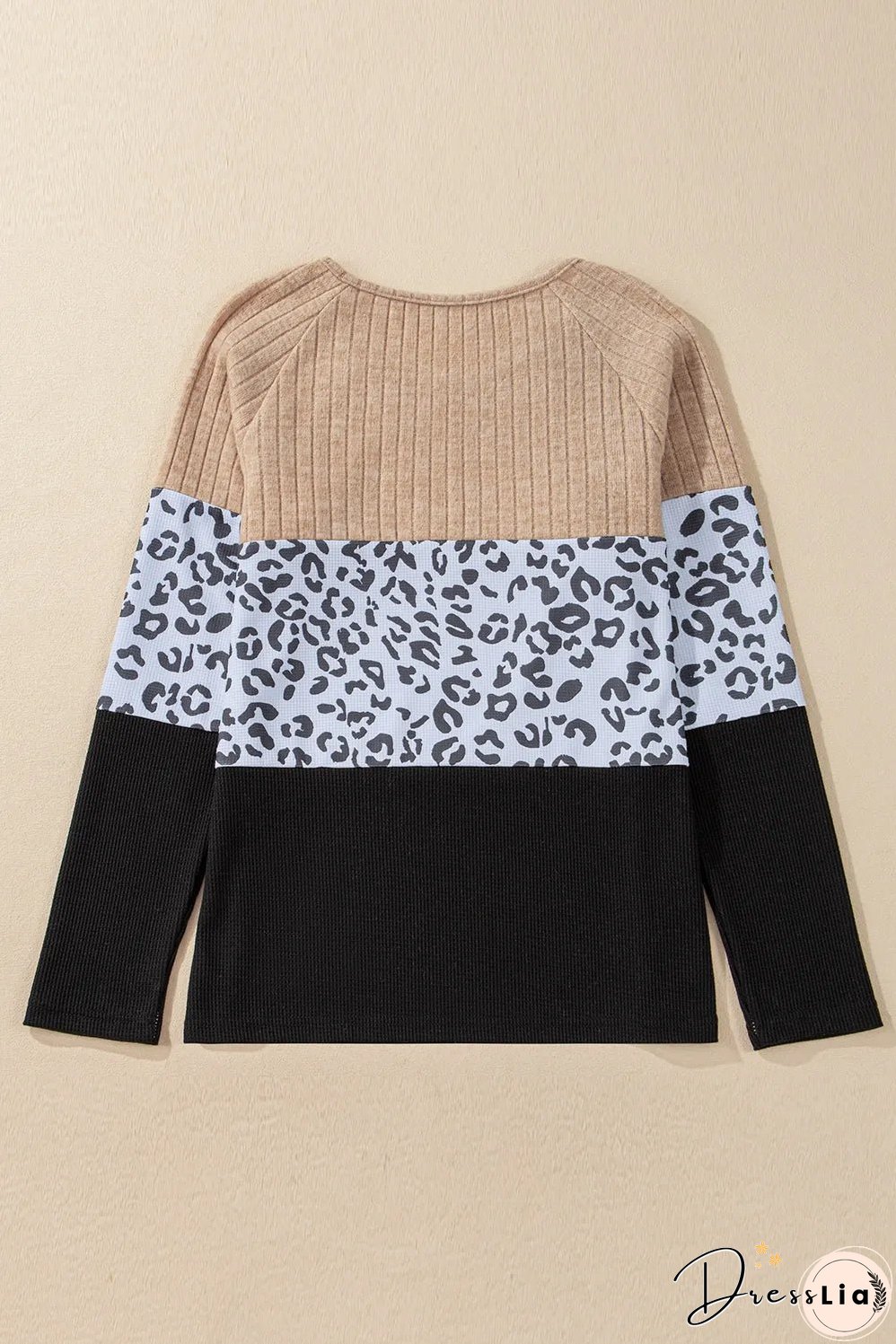 Black Cheetah Textured Patchwork Buttoned Round Neck T Shirt