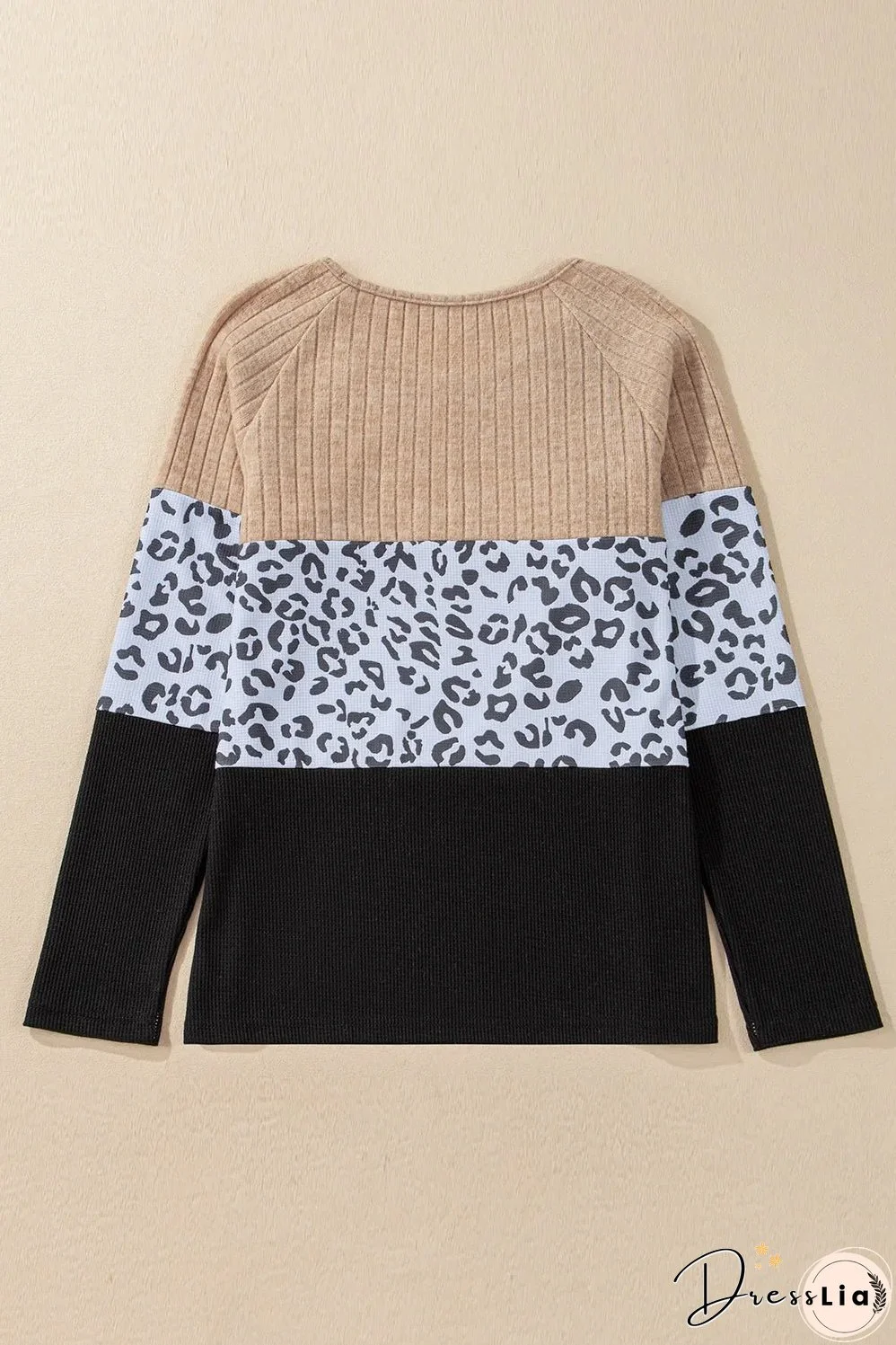 Black Cheetah Textured Patchwork Buttoned Round Neck T Shirt