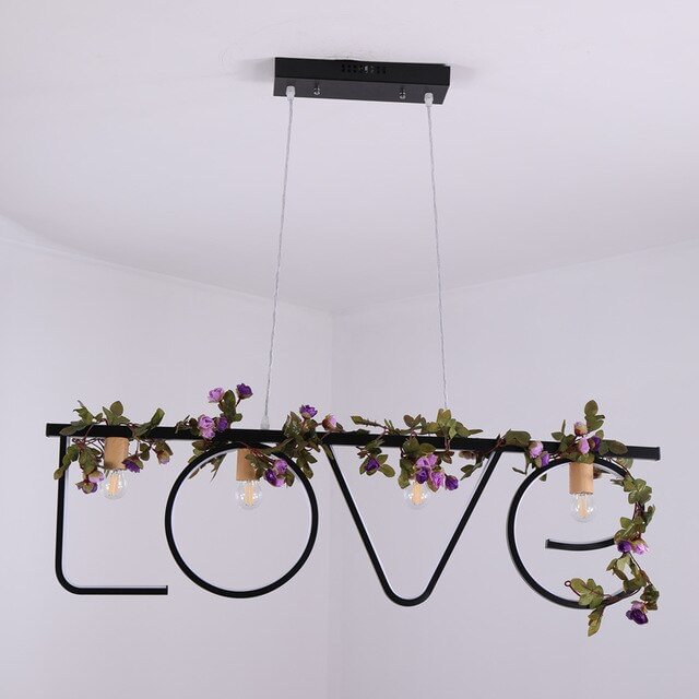 Modern Black White LOVE Letter Iron Plants Chandelier Nordic Industrial Luminaire Lighting Fixture Hanging Lamp