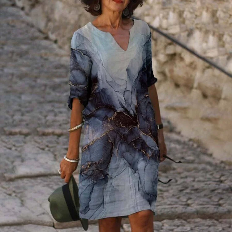 Grey Printed Cotton Linen Short Sleeve V-Neck Dress