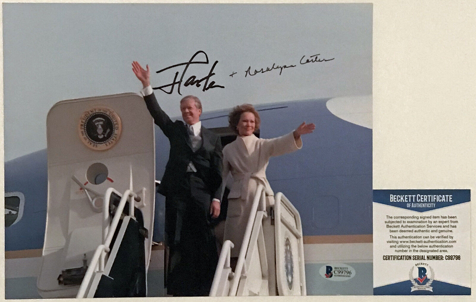 RARE!! PRESIDENT Jimmy Carter Rosalynn Carter Signed AIRFORCE ONE 8x10 Photo Poster painting BAS