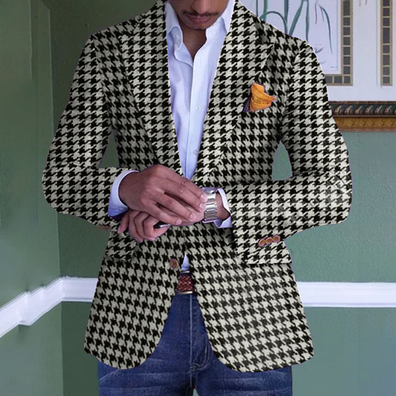 Business Lapel Collar Houndstooth Dots Pattern Long Sleeve Blazer