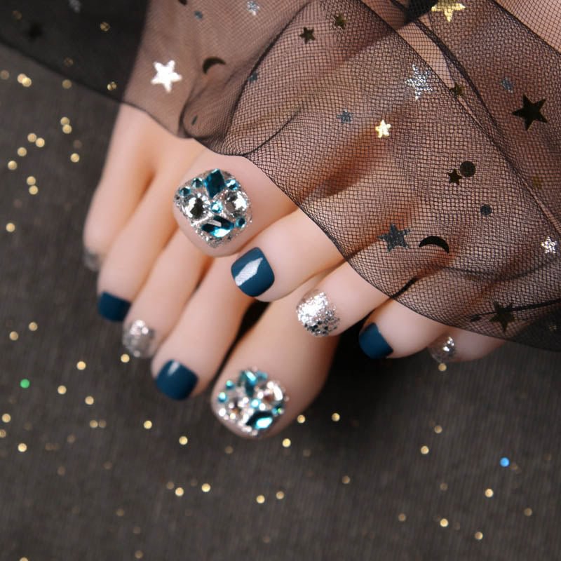 24pcs Blue Color Japanese Summer Wearable Foot Fake Nail Short Length Paillette Faux Rhinestone Decor Finished press on toenails