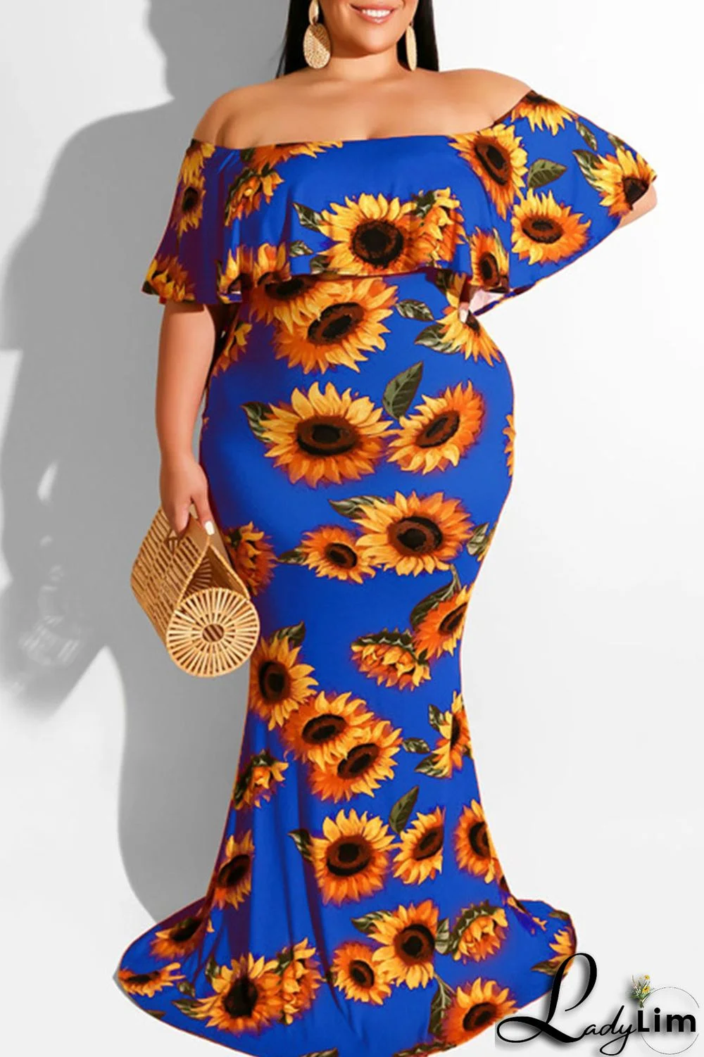 Blue Sexy Print Patchwork Flounce Off the Shoulder One Step Skirt Plus Size Dresses