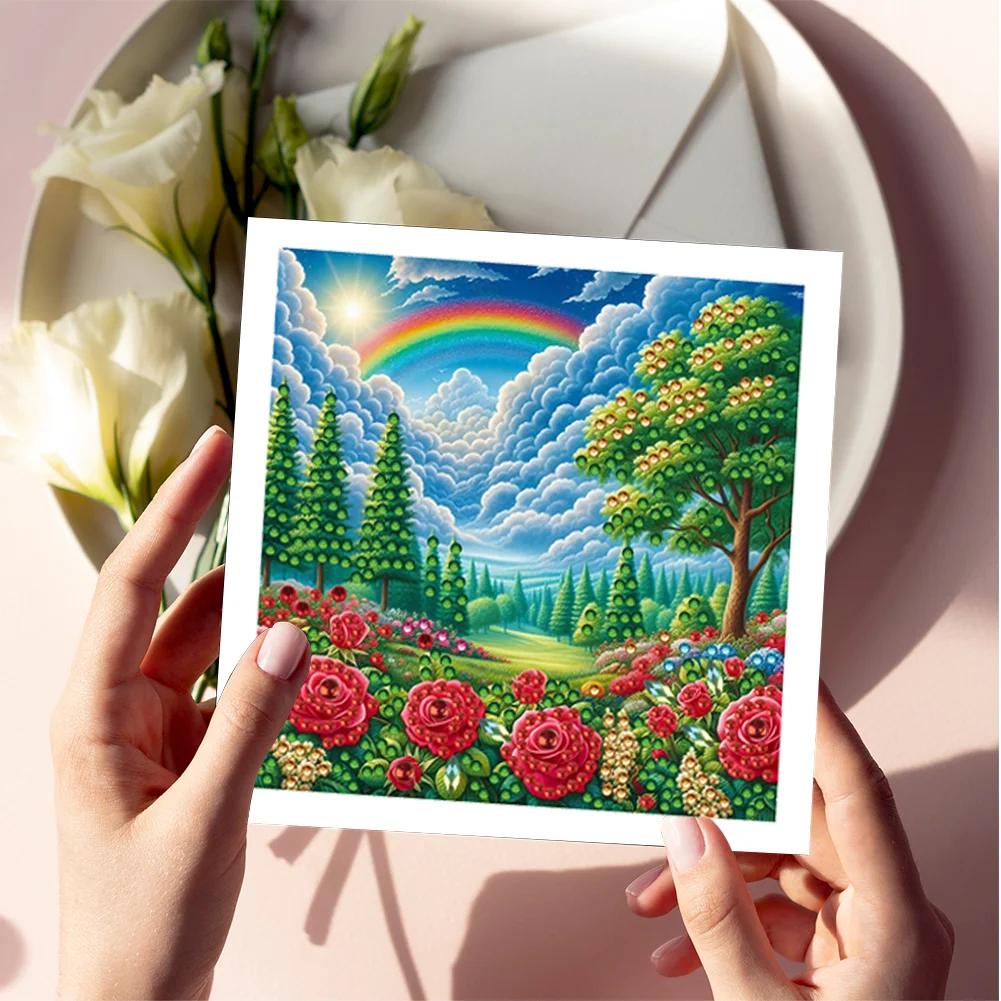 6Pcs DIY Rainbow Garden Special Shape Diamond Handmade Card for Friends Gift【With White Envelope】