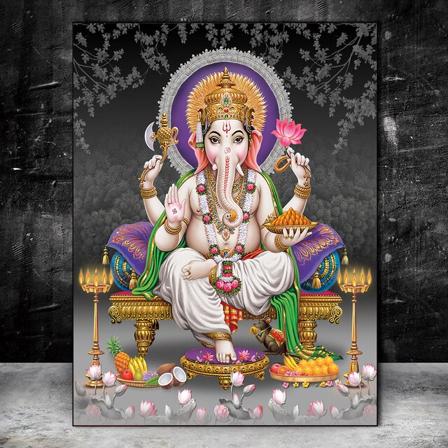 Indian Hindu Golden Ganesha Temple Elephant God Canvas Painting Hindu Poster Printing Religious Mural for Living Room Wall Decor
