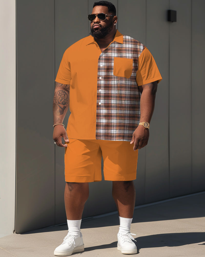 Men's Plus Size Casual Orange Plaid Print Pocket Short Sleeve Shirt Shorts Suit
