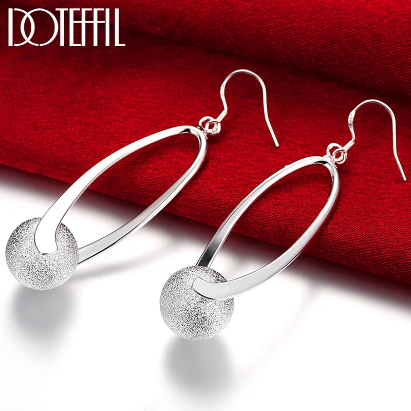 DOTEFFIL 925 Sterling Silver Frosted Bead Round Ball Drop Earrings For Women Jewelry