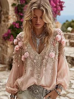 Boho Pink Floral Embroidered V Neck Linen Shirt