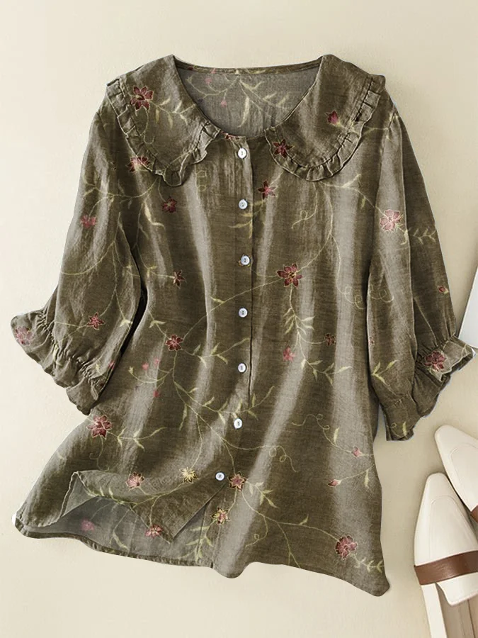 Vintage Floral Cotton and Linen Peter Pan Ruffle Collar Shirt