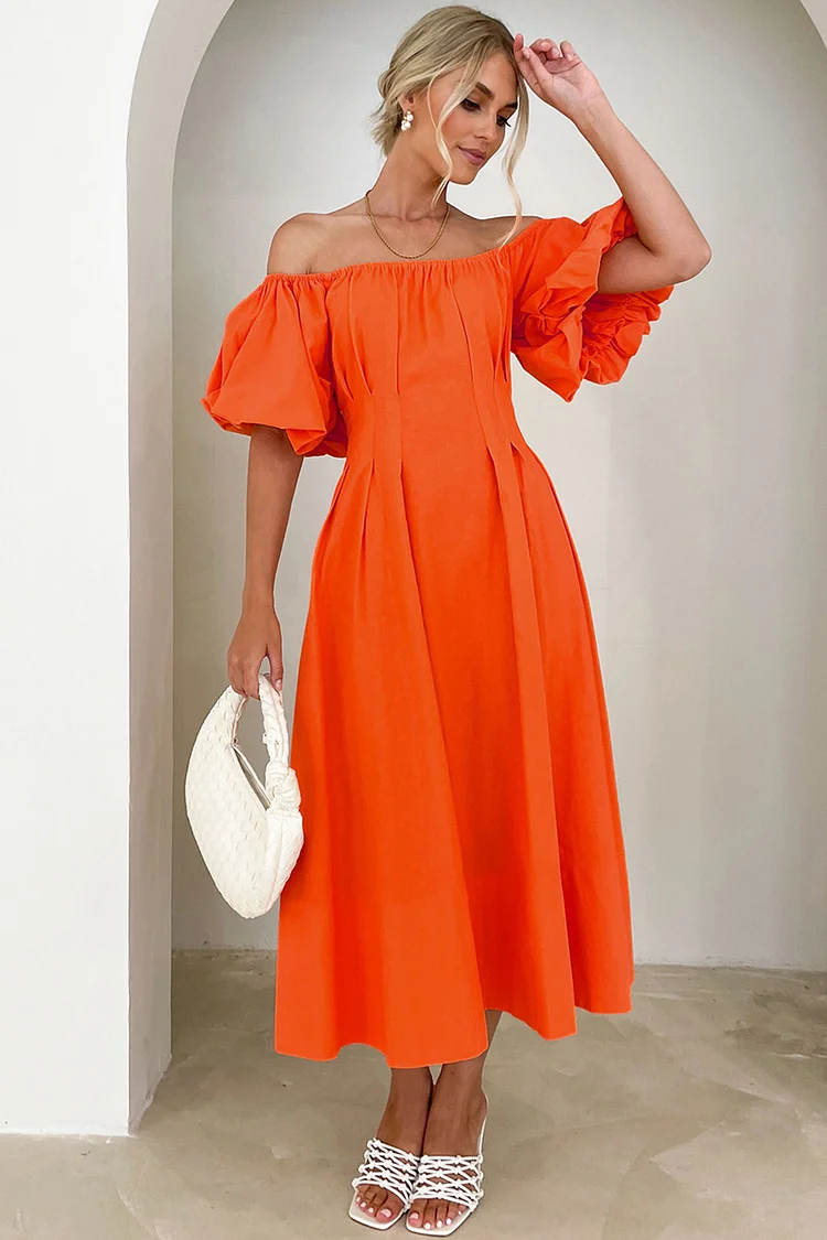 Everyday Orange Off The Shoulder Puff Sleeve Midi Dress