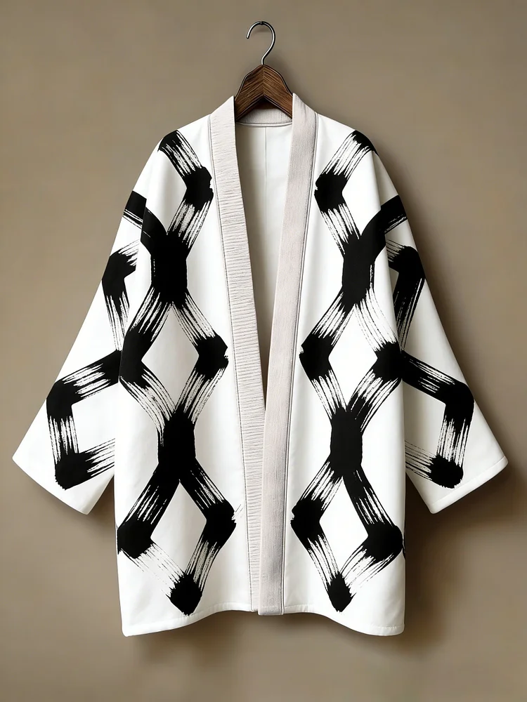 Flannel embroidered printed medium and long kimono cardigan