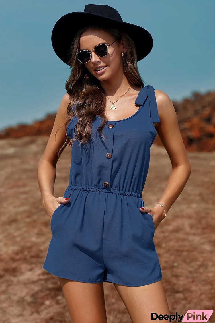 Summer Blue Tie Sleeve Buttons Pocketed Cutie Romper