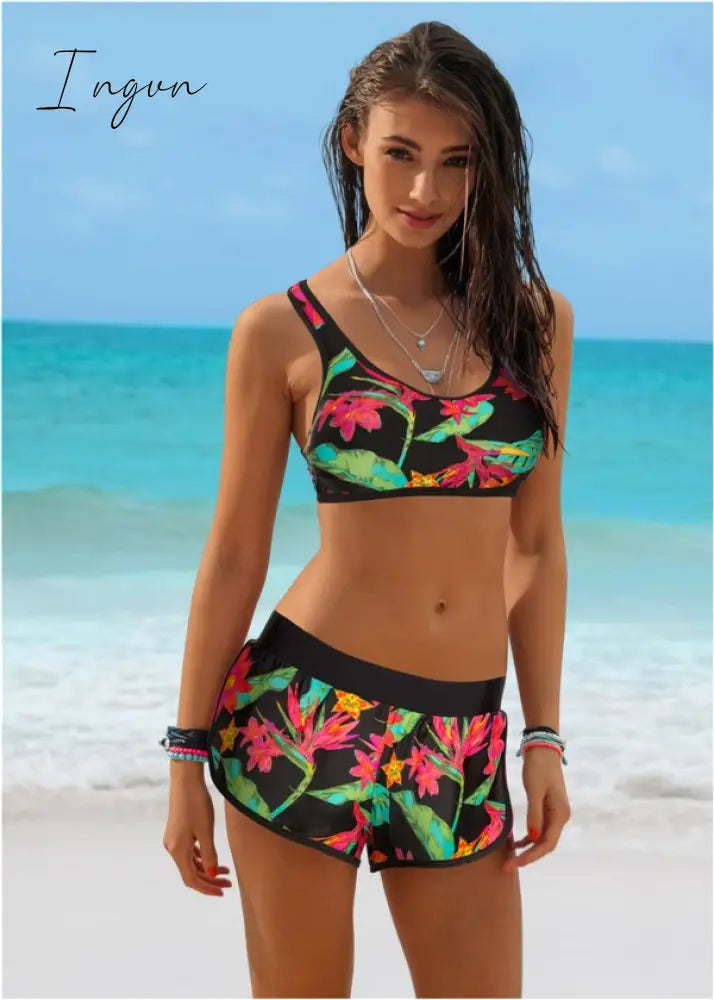 Ingvn - Womens Fashion New Sporty Bikini Racerback Top Short Pants Printed Women Set Femme Bathing