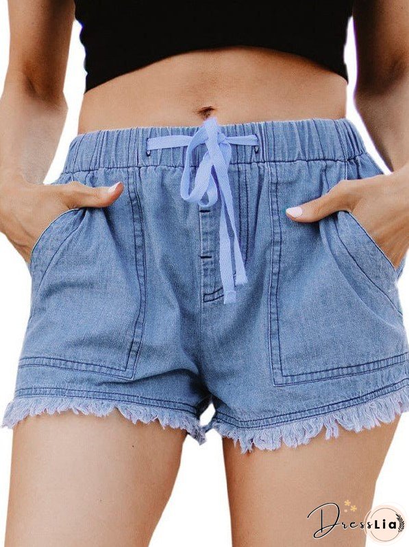 Women'S High Waist Denim Shorts With Elastic Waistband And Fringed Details