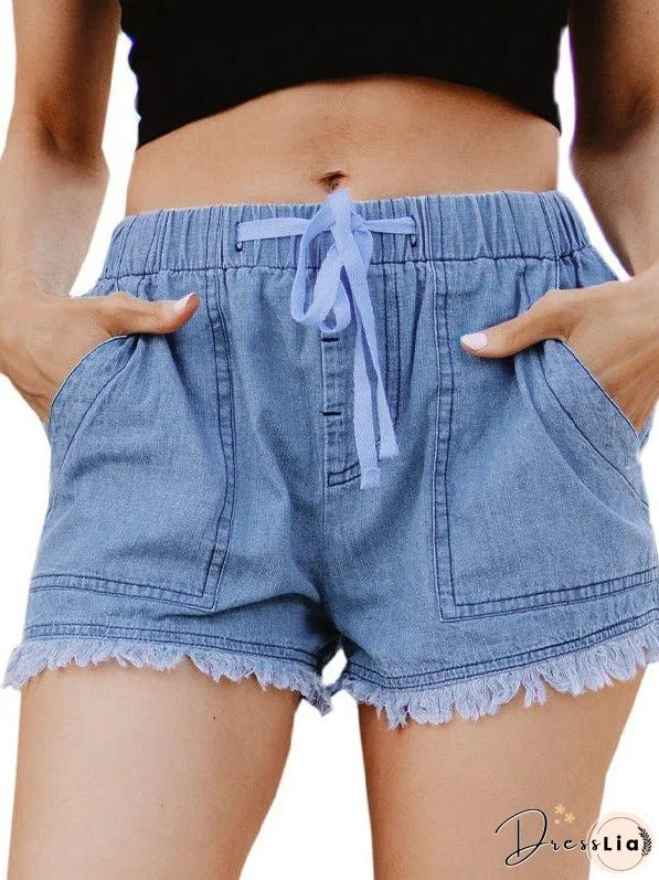 Women'S High Waist Denim Shorts With Elastic Waistband And Fringed Details