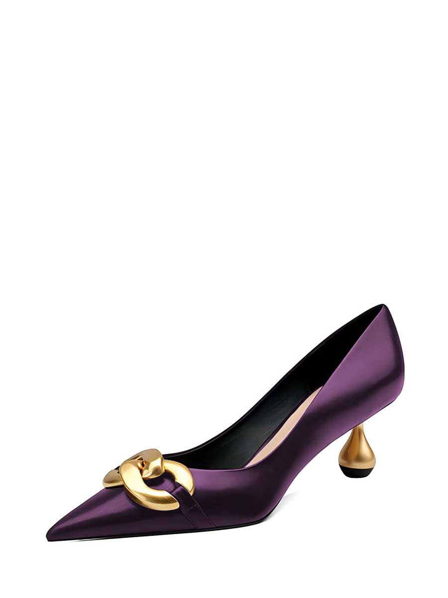 Dark Purple Pointed Toe Chain Buckle Sculptural Heel Pumps for Women