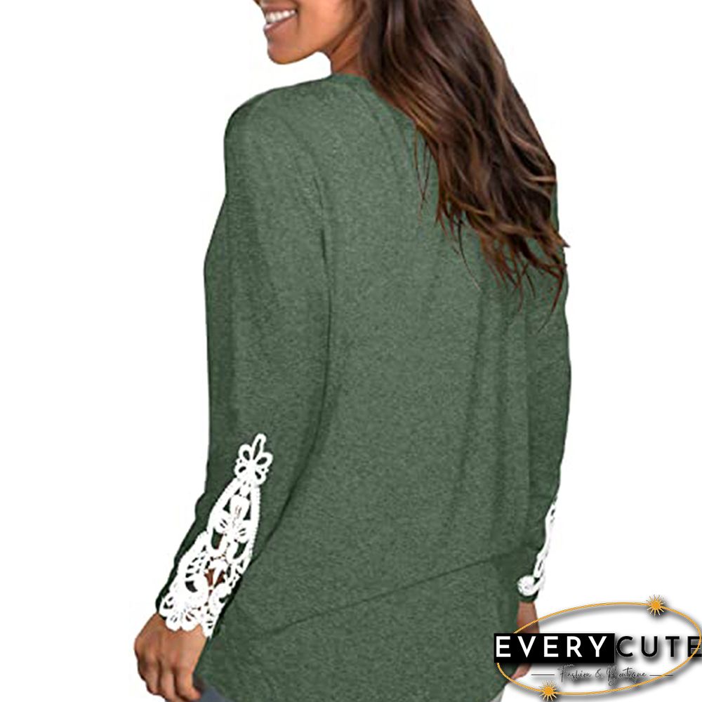 Green Button Up Lace Long Sleeve Top