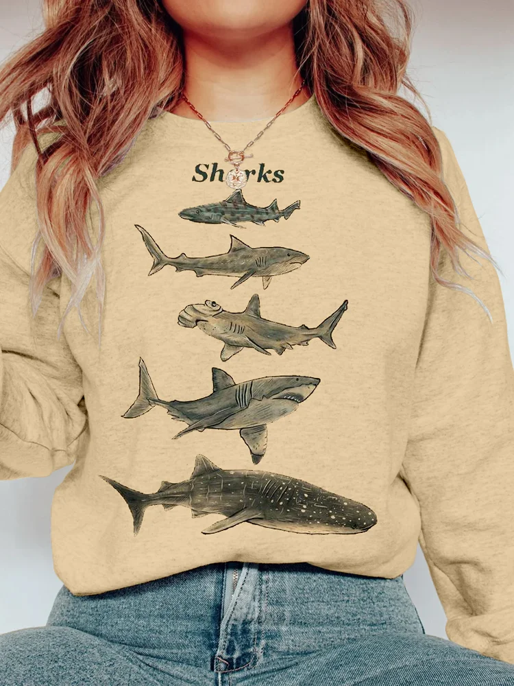 Sharks Graphic Print Vintage Comfy Sweatshirt