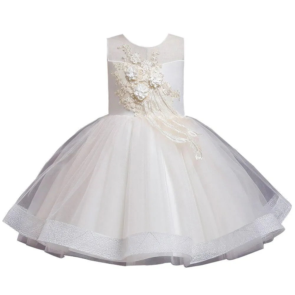 Child Blue Temperament Flower Wedding Dress for Kids of 2-6 Years Old Baby Girls Clothing Designs Round Neck Sleeveless