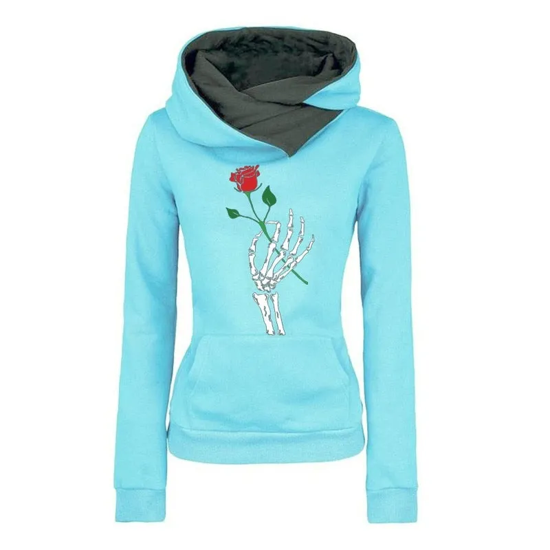 Winter Rose Print Hoodies Women Clothes Fashion Long Sleeve Fleece Keep Vintage Sweatshirt Plus Size Halloween Pullovers Tops