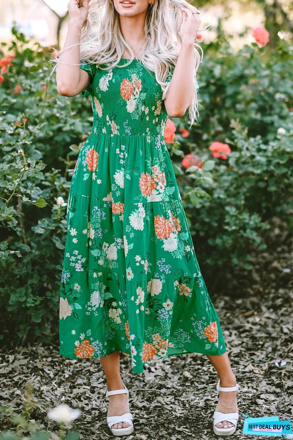 Floral Print Smocked Tiered Midi Dresses