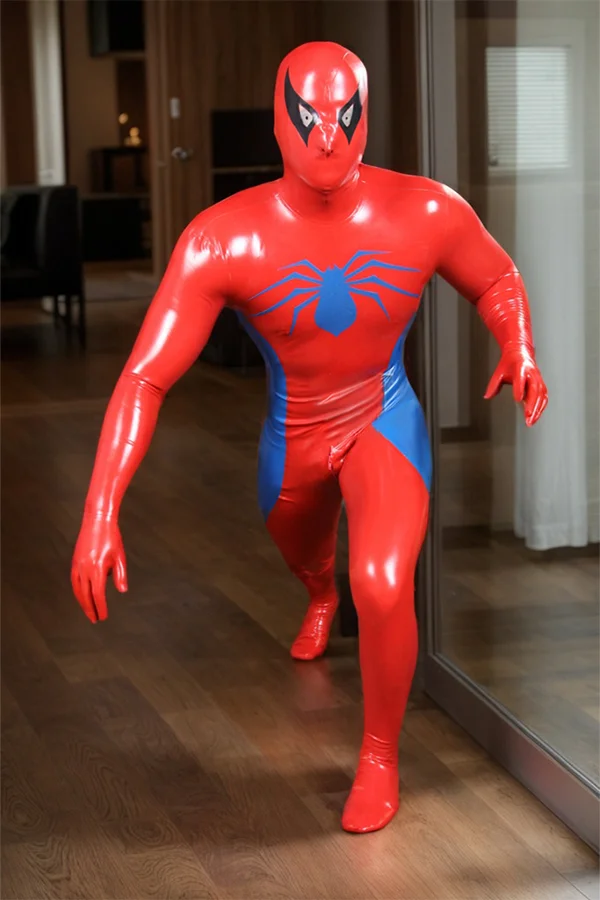 Man Latex Catsuits Men's Spider-Man Streaker Total Coverage Latex Catsuit with Hood Cosplay 