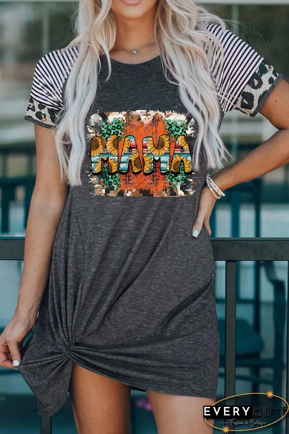 Gray MAMA Western Graphic Contrast Sleeve Dress