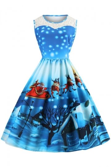Sleeveless Santa Reindeer Print Christmas Skater Dress Sapphire Blue-elleschic
