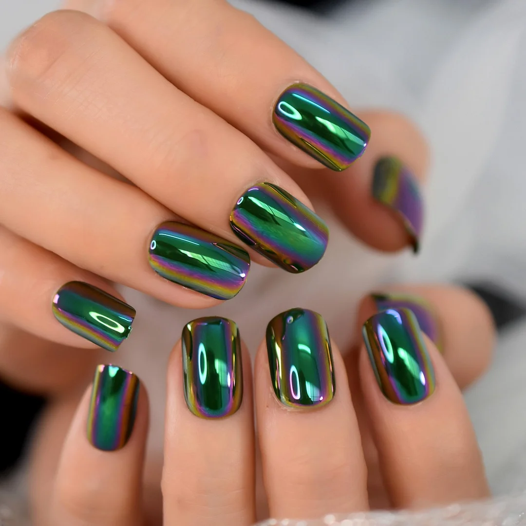 Chrome Fake Nails Press On Square Nails Full Cover Fingernails Green Electroplate Design Short Style With Glue Sticker Manicure-Nail Inspo