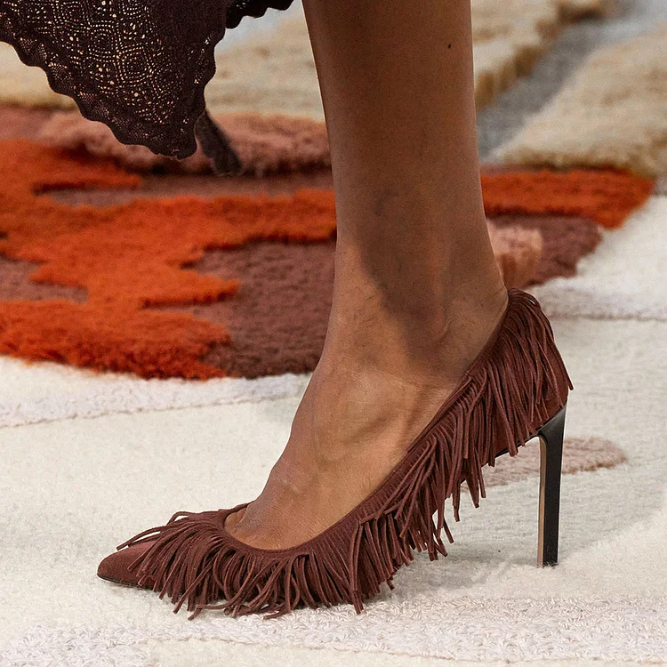 Women's Brown Vegan Suede Stiletto Heels Pointed Toe Fringe Pumps |FSJ Shoes