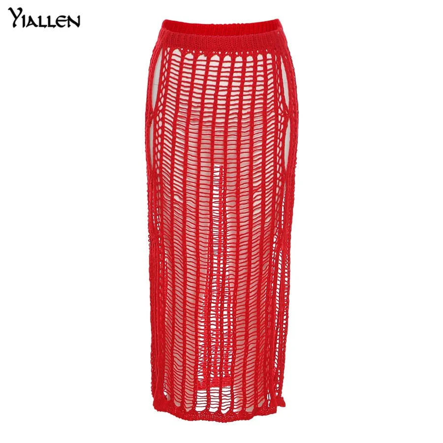 Yiallen Summer Yellow Openwork weaving Long Skirt 2021 New Women Sexy Chic Maxi Skirt Casual Streetwear Club Party Y2k Outfits