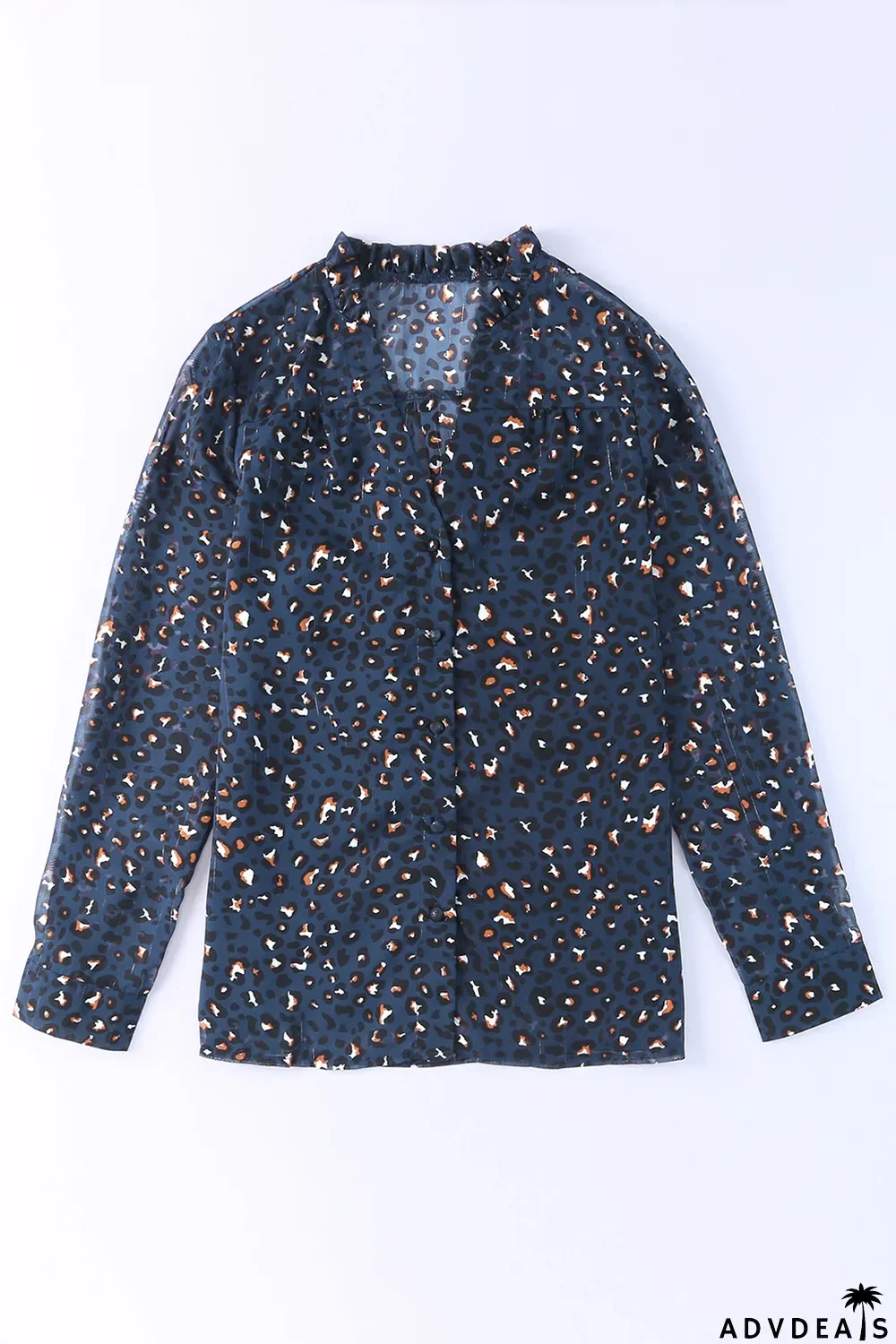 Blue Leopard Sheer Button Front Long Sleeve Shirt