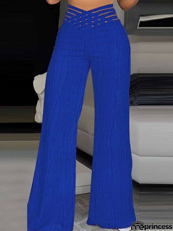 Loose Wide Leg Elasticity Hollow Pleated Solid Color Pants Trousers