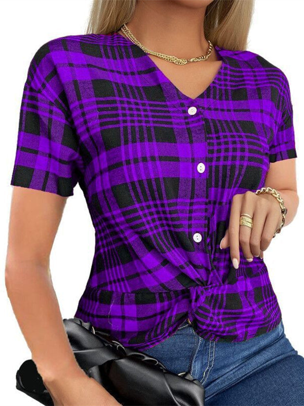 Short Sleeve Plaid Print V-Neck Button Twist Women's Top Shirt