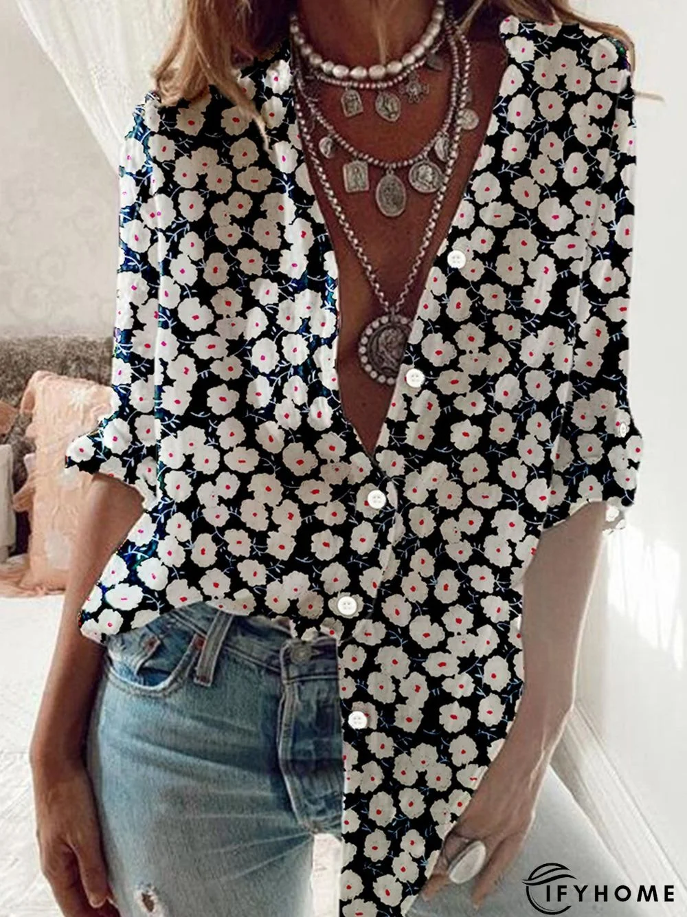 V neck Long Sleeve Floral Cotton Blouse | IFYHOME