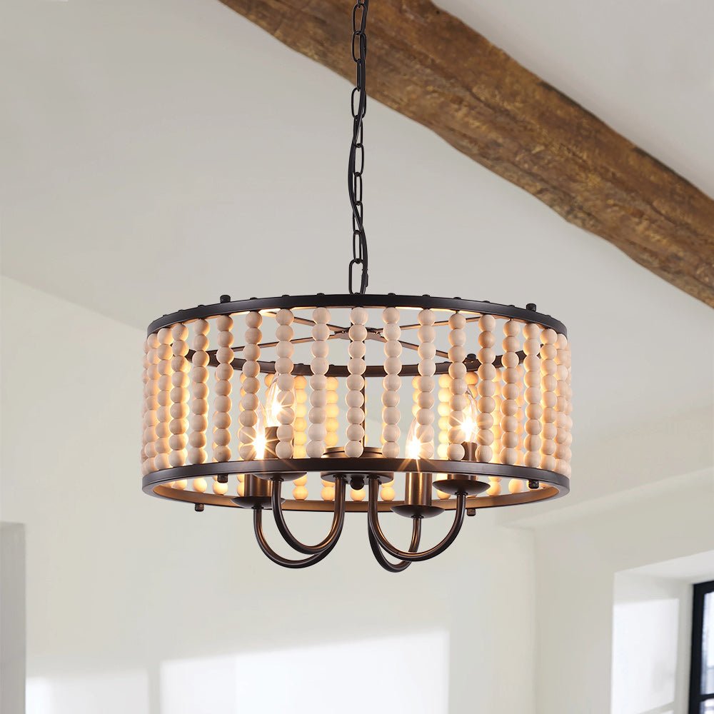 4-Light Wood Beaded Drum Pendant Light