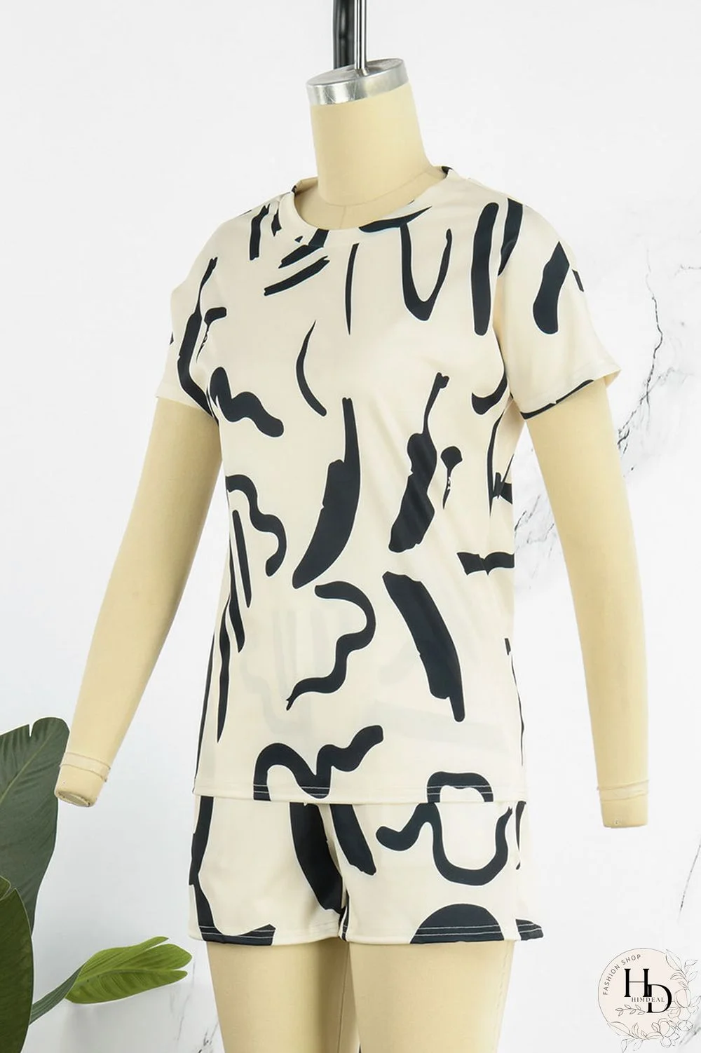 Grey Black Casual Print Patchwork O Neck Short Sleeve Two Pieces